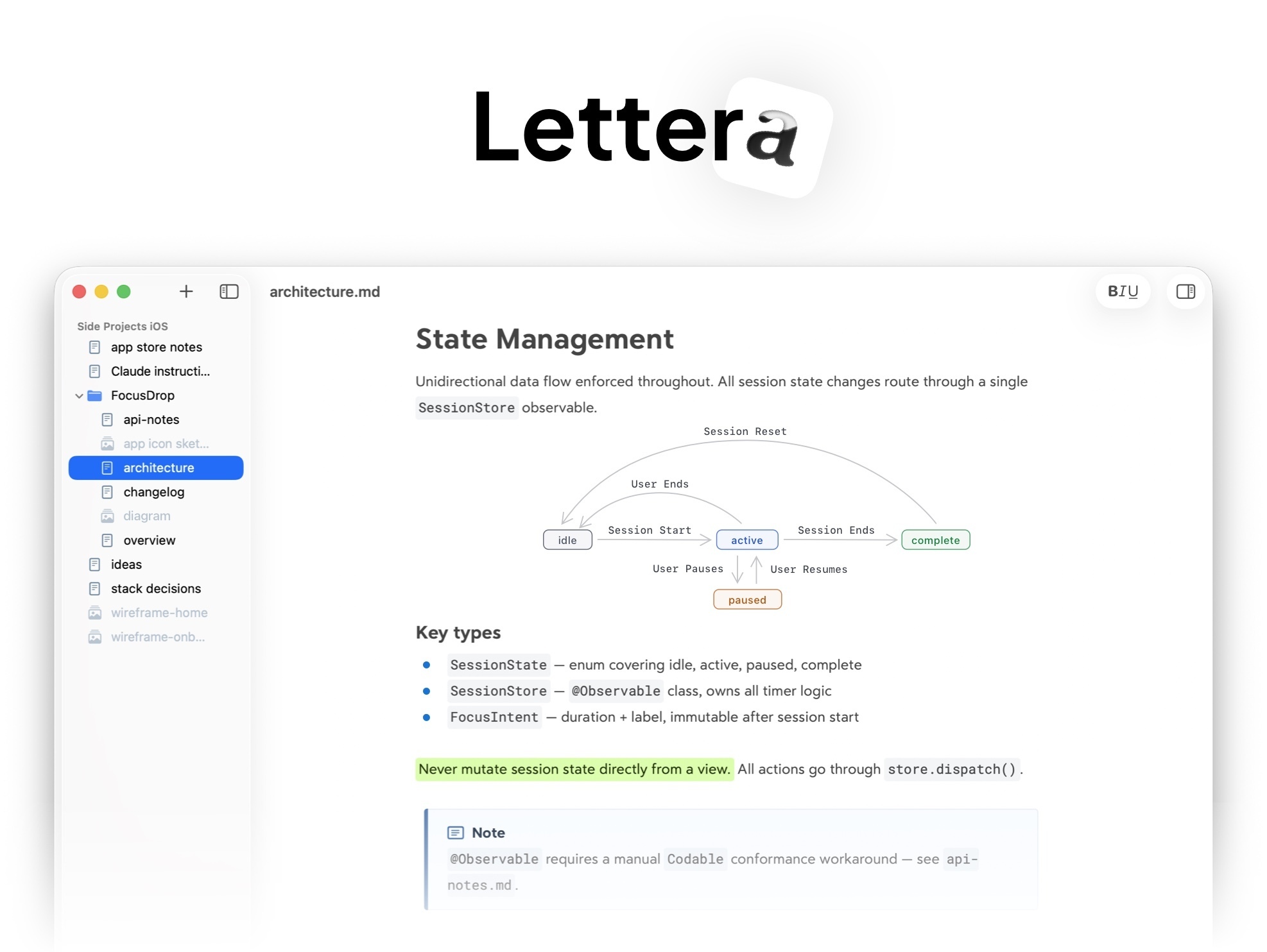 A Markdown document open in Lettera